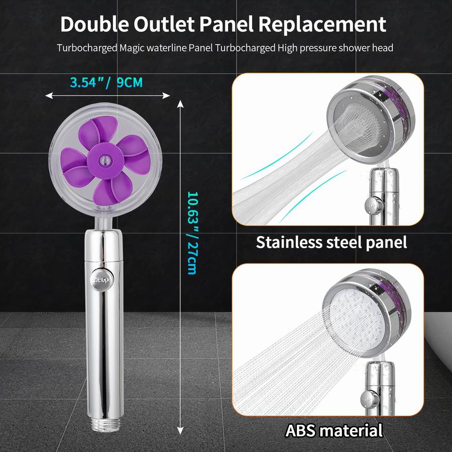 High Pressure Turbocharged Shower Head Built-in Turbo Fan, Dual Spray Option Double Outlet Panel