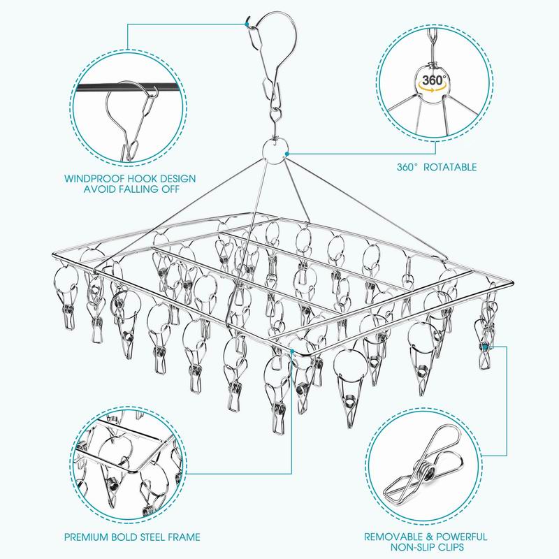 SUS304 Stainless Steel Hanger 36 Clips Peg Heavy Duty Windproof Rust-Proof Laundry Drying Rack Hanging Organiser Balcony
