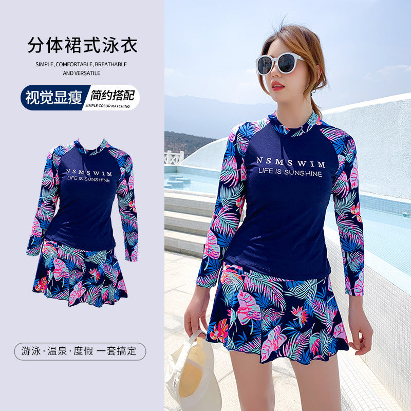 2 Pcs/Set Women Swimming Suit Swim Wear Ladies Two Piece Swimwear Sunscreen Swimsuit Short-Sleeve Top+Flat-Angle Skirt