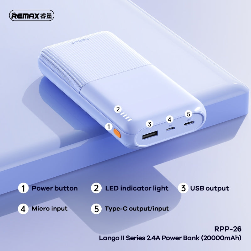 Remax RPP-26 Lango II 20000mAh 3C CCC Certified Power Bank PowerBank Portable Battery Charger Type-C