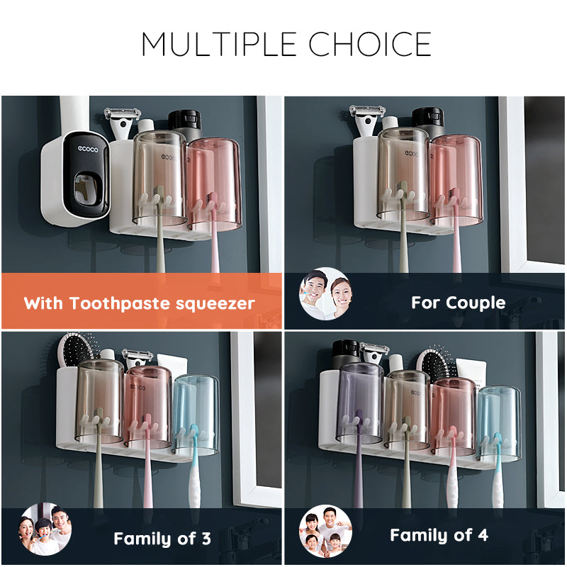 Ecoco Wall Mount Toothbrush Holder With Cups Storage Box Automatic Toothpaste Dispenser Squeezer