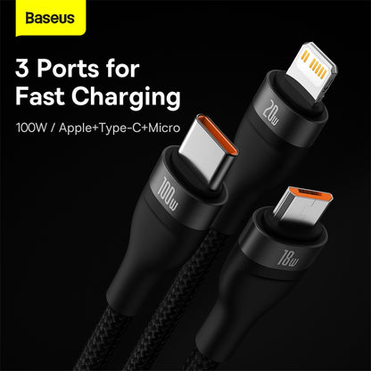Baseus 2 for 3 Cable PD 100W Fast Charging Date Cable U+C to M+L+C 100W Two-For-Three 1.2 Meter Dual Input Triple Output