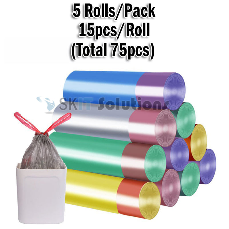 Disposable Drawstring Trash Bag Strong Durable 45x45cm Garbage Bin Liners Rubbish Dustbin, 5 Rolls/Pack, 1 Roll = 15pcs,1 Pack=75pcs