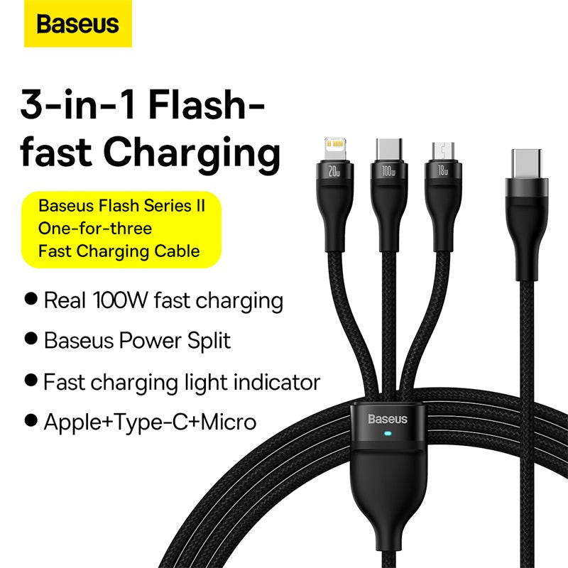 Baseus Flash II One-For-Three Type-C to Micro + iP + Type-C 100W Fast Charger Cable Charging