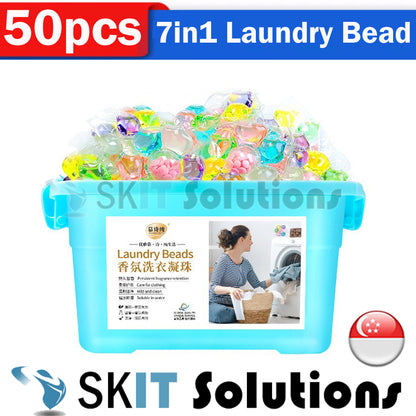 50Pcs 7 in 1 Laundry Beads Detergent Capsule Pods Bacteria Mite Removal Fabric Softener Wash Clothes