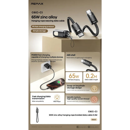 0.2 Meter Remax C6 Type C to Type C 65W Super Fast Charging Data Sync Charger Hanging Rope Braided Cable