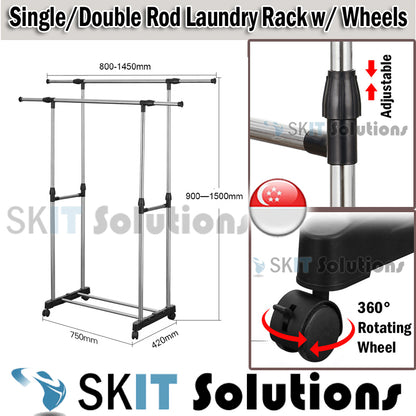 Single / Dual Stainless Steel Extendable Pole Standing Cloth Laundry Garment Drying Rack Hanger with 360° Rotating Wheels