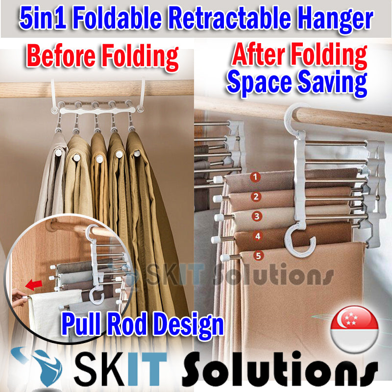 5in1 Foldable Retractable Stainless Steel Hanger Space Saving for Wardrobe Rack Jeans Pants Trousers Tie Scarf Towel