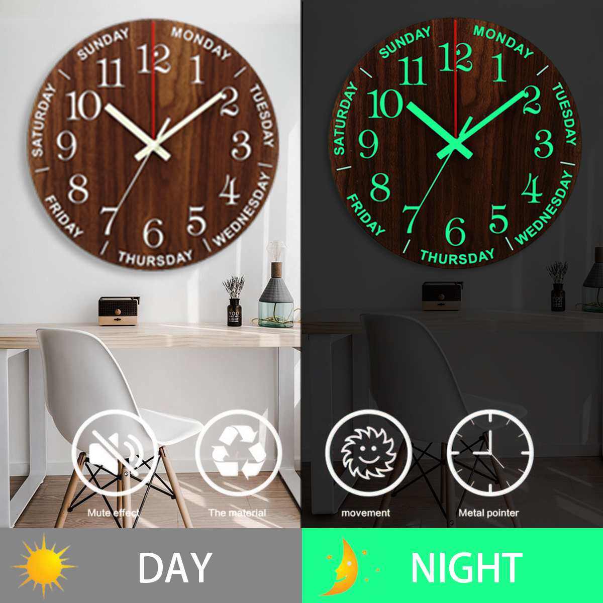 12 Inch Luminous Minimalist Designer Wooden Quartz Wall Clock Dark Glowing Silent Non-Ticking Home