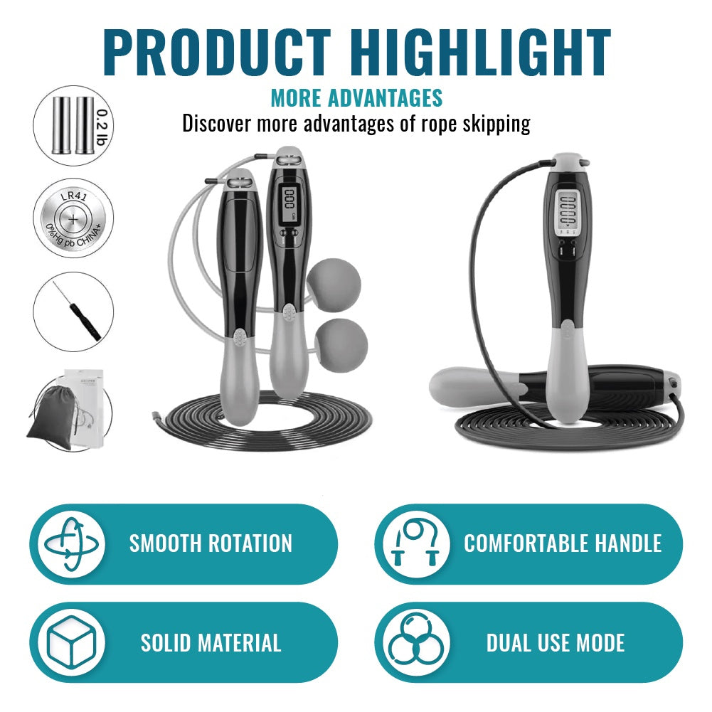 2in1 Smart Cordless Jump Rope Skipping Wireless Digital Counter Calorie Count Miles Times Exercise
