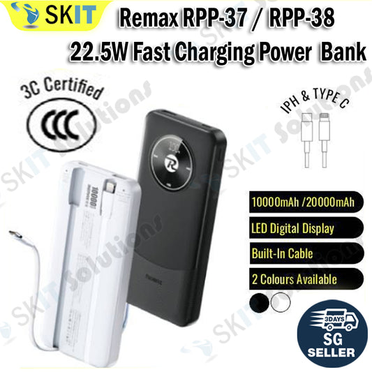 [3CCC] REMAX RPP-37 10000mAh / RPP-38 20000mAh Power Bank 20W+22.5W Fast Charging Portable Charger Built-In Dual Cable