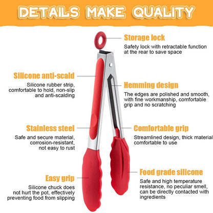 7/9/12 Inch Silicone Stainless Steel Food Tong Non Slip Heat Resistant BBQ Grill Salad Kitchen Tongs