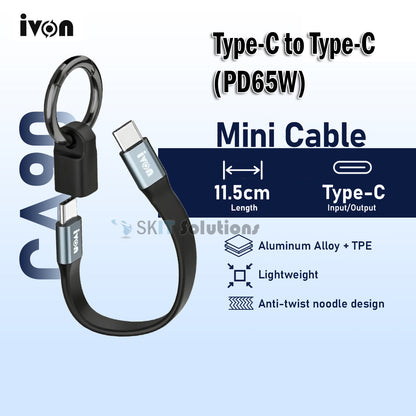 IVON CA90 Mini Clip-On Charge & Sync Cable w/ Key Ring PD65W/PD27W 65W USB-C to USB-C/to IOS 27W