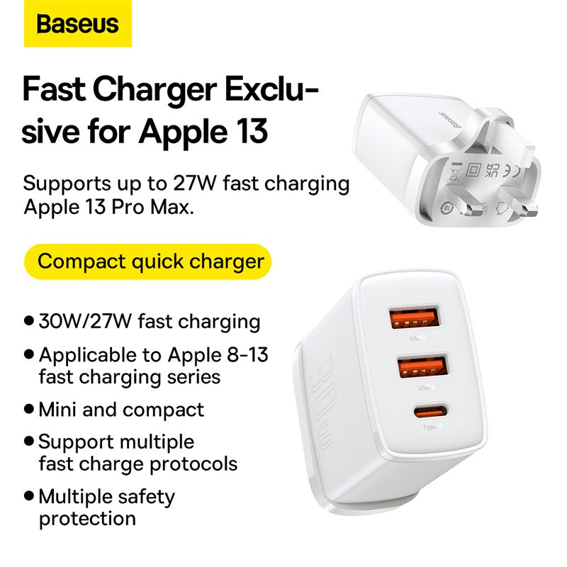 Baseus Compact Fast Charger 30W 2 USB + 1 USB-C Type C UK 3-Pins Plug PD3.0 QC3.0 Quick Wall Adapter with SG Safety Mark