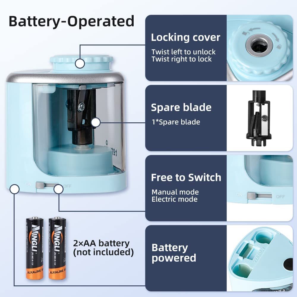 Electric Pencil Sharpener Battery Operated Automatic Rotary Sharpener for 6–8mm Pencils School Office