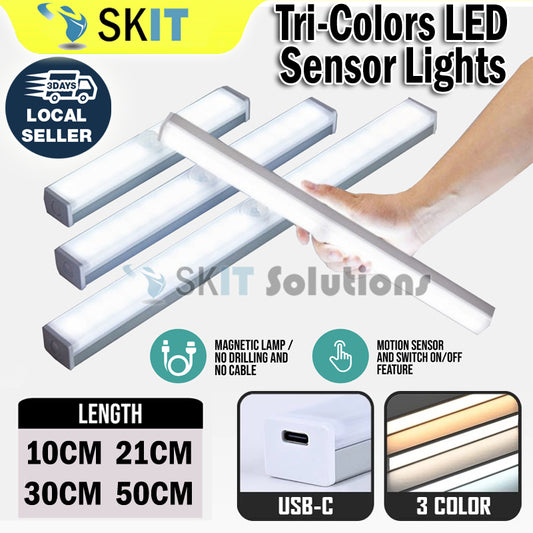 Tricolor LED Wireless Motion Sensor Light Stick Type C Rechargeable Strip Cabinet Kitchen Night Lamp