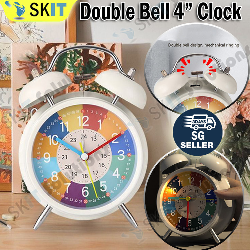 4 Inch Cute Double Bell Kids Alarm Clock Mute Cartoon Educational Night Light Table Clock Boys Girls
