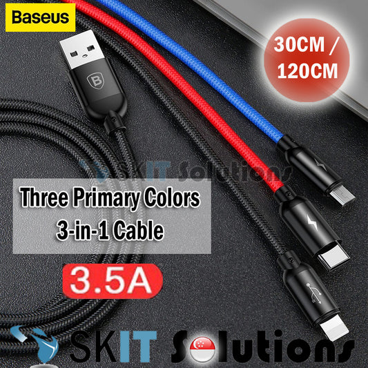 Baseus Three Primary Colors 3-in-1 Cable 30cm / 1.2 Meters 3.5A Quick Charging USB Cable For iP + Micro + Type-C