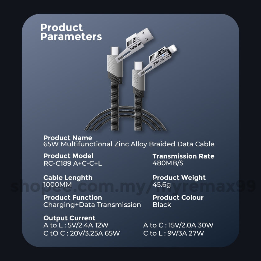 Remax RC-C189 65W Fast Charge 4In1 USB IPH Type C Braided Data Sync Charging Charger Cable A+C & C+L