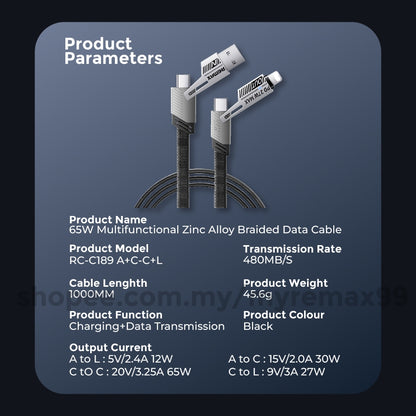 Remax RC-C189 65W Fast Charge 4In1 USB IPH Type C Braided Data Sync Charging Charger Cable A+C & C+L