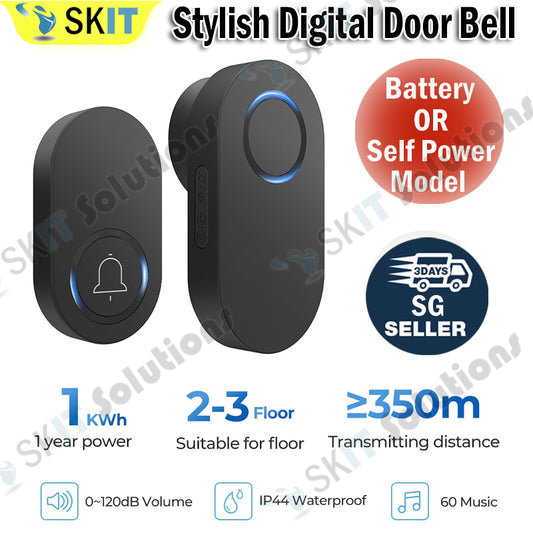 Self Powered / Button Battery Wireless Doorbell Door Bell Waterproof 3 Pin Plug 60 Chimes 350M 120dB