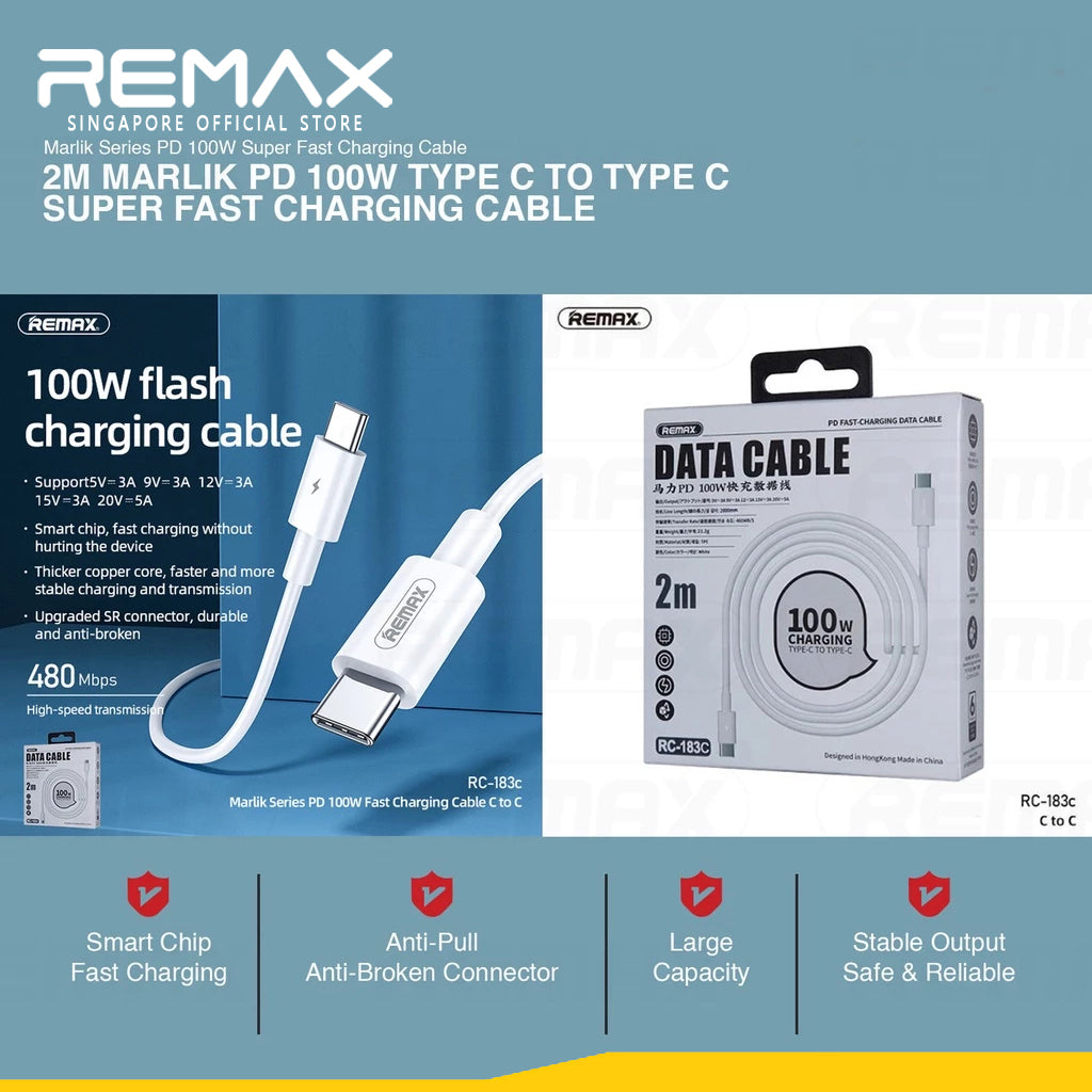 2M Remax RC-183C Marlik 100W PD Fast Charging USB-C to USB-C Cable / RC-183A USB to Type-C PD22.5W 5A