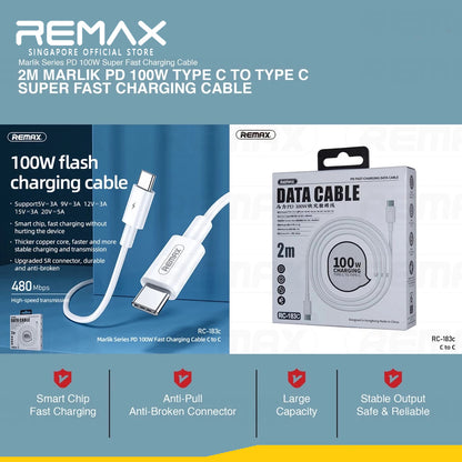 2M Remax RC-183C Marlik 100W PD Fast Charging USB-C to USB-C Cable / RC-183A USB to Type-C PD22.5W 5A