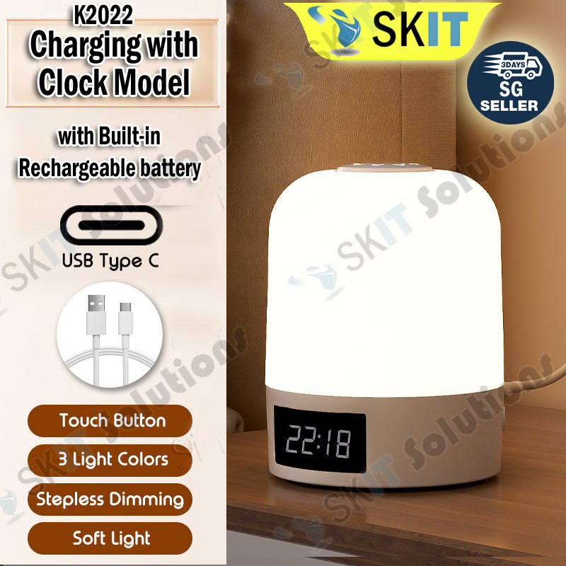 Mini Canister Night Light with Clock Remote Bedside Sleep Touch LED Table Lamp Rechargeable Type-C