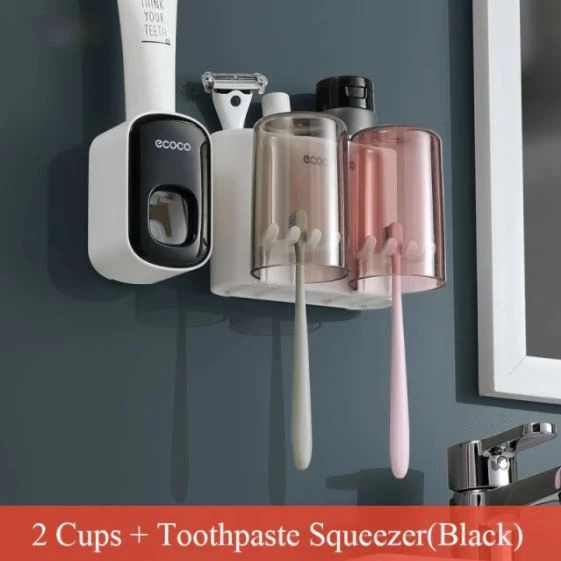 Ecoco Wall Mount Toothbrush Holder With Cups Storage Box Automatic Toothpaste Dispenser Squeezer