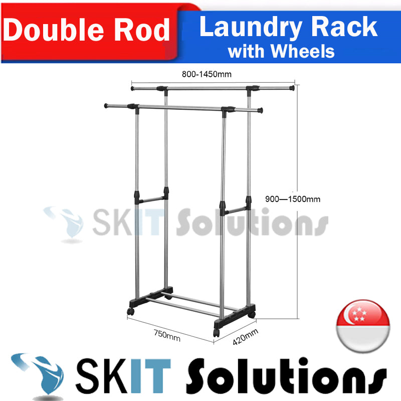 Single / Dual Stainless Steel Extendable Pole Standing Cloth Laundry Garment Drying Rack Hanger with 360° Rotating Wheels