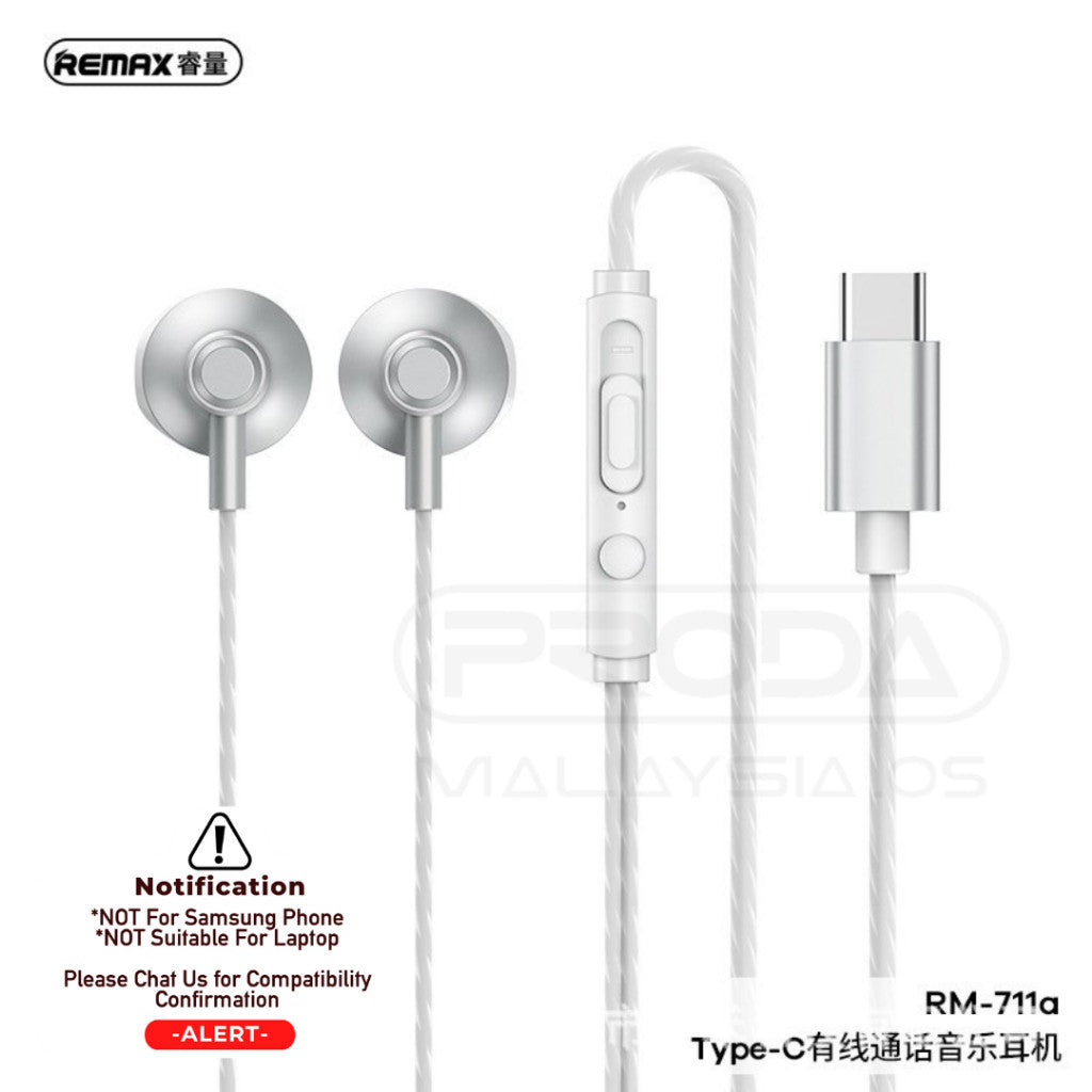 Remax RM-711A Type-C Wired Earphone Powerful Bass Music Call Stereo Volume Control Microphone Type C