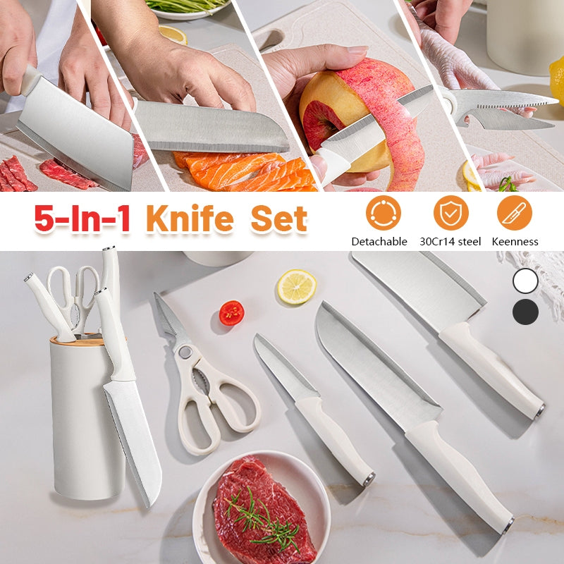 5in1 Kitchen Knife Set Stainless Steel Chef Utility Santoku Paring Knife Scissors with Detachable Holder