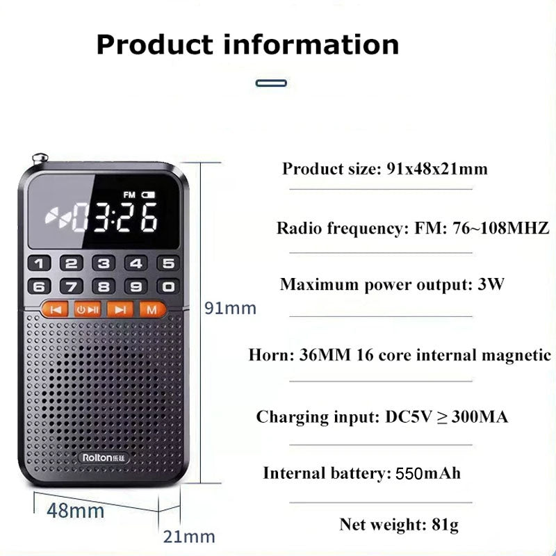 Rolton T1 Portable FM Radio Speaker Elderly MP3 Song Mini Player Large Display Bluetooth TF Card