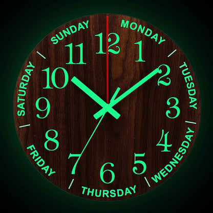 12 Inch Luminous Minimalist Designer Wooden Quartz Wall Clock Dark Glowing Silent Non-Ticking Home