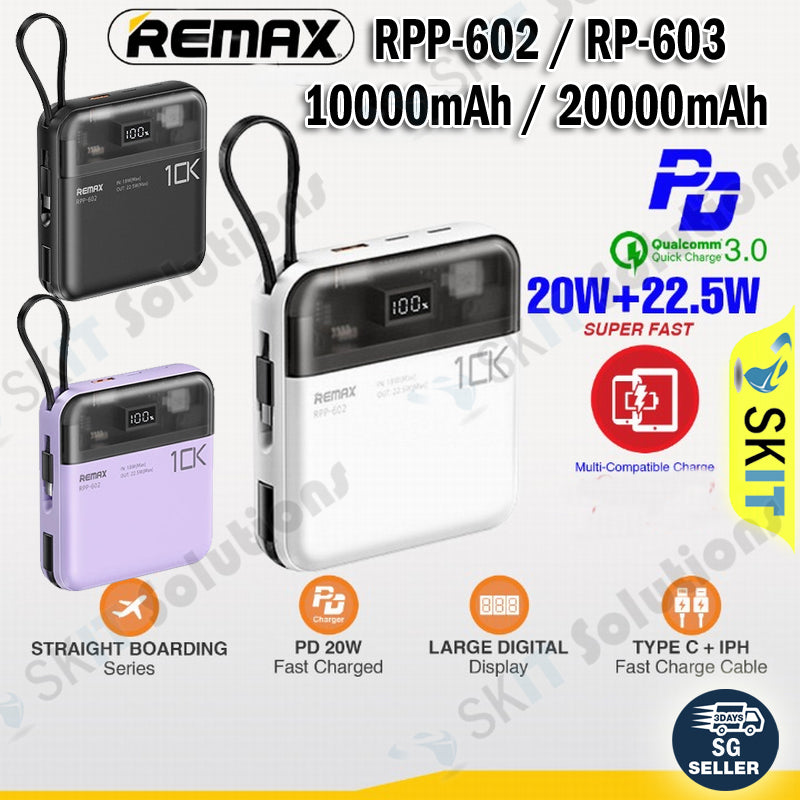 [CCC Certified] REMAX RPP-602 10000mAh / RPP-603 20000mAh Power Bank PD20W + QC22.5W Fast Charging 3C LOGO PowerBank
