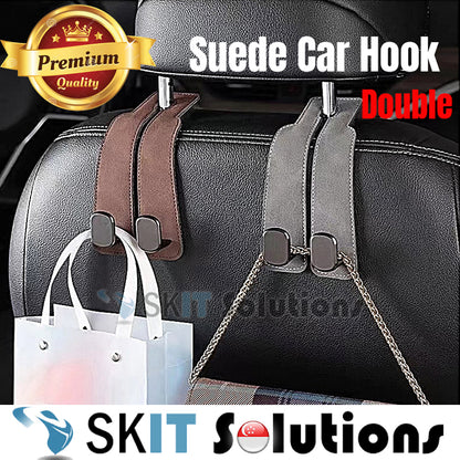 Suede Leather Metal Double Hook Bag Holder Hanger for Car Back Seat Headrest Interior Accessories