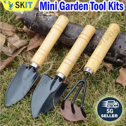 3pcs Set Mini Garden Tools Kit Plant Gardening Shovel Spade Rake Wooden Handle Gardening Hand Tools