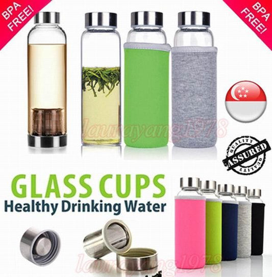 BPA Free Glass Water Bottle with Tea Filter Infuser & Protective Sleeve Bag 380ml