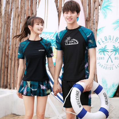 Korean Style Couple Swimsuit Men Women 2pcs Set Short Sleeve Swimwear Swimming Suit Wear Top+Pants