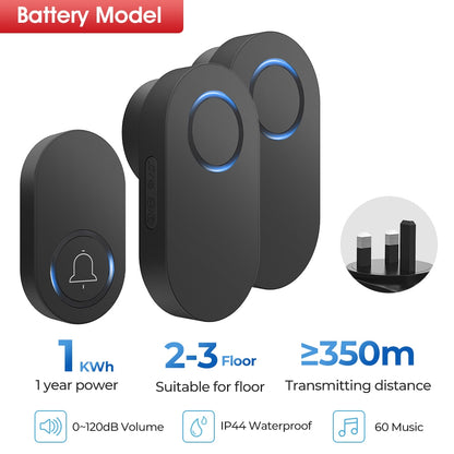 Self Powered / Button Battery Wireless Doorbell Door Bell Waterproof 3 Pin Plug 60 Chimes 350M 120dB