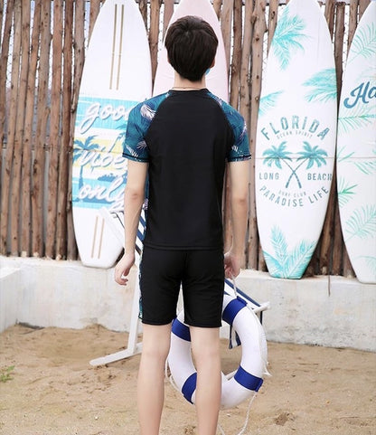 Korean Style Couple Swimsuit Men Women 2pcs Set Short Sleeve Swimwear Swimming Suit Wear Top+Pants