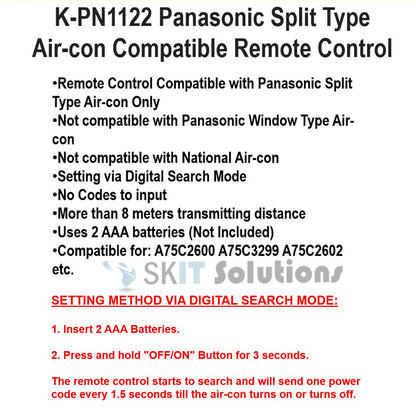 K-PN1122 Universal Replacement Panasonic Aircon Remote Control AC Air Con A75C A75C3708 A75C3758