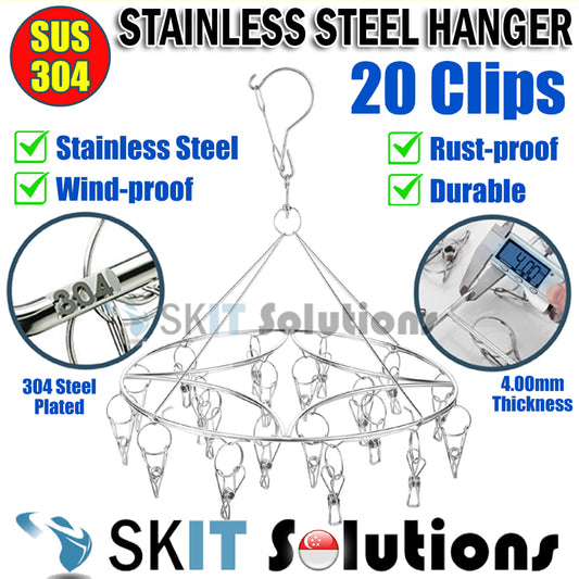 SUS304 Round Stainless Steel Hanger 20 Clips Peg Windproof Rust-Proof Laundry Sock Drying Rack Hanging Organiser Balcony