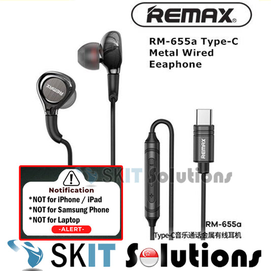 Remax RM-655A Type-C Metal Wired Earphone Music Call Volume Control USB-C Headset for Mobile Phones