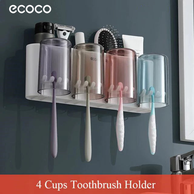 Ecoco Wall Mount Toothbrush Holder With Cups Storage Box Automatic Toothpaste Dispenser Squeezer