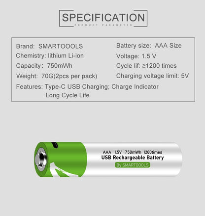 Type-C USB Rechargeable Battery 1.5V AA AAA 9V Lithium High Capacity Fast Charge RC Toy Remote Control