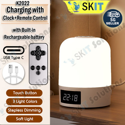 Mini Canister Night Light with Clock Remote Bedside Sleep Touch LED Table Lamp Rechargeable Type-C