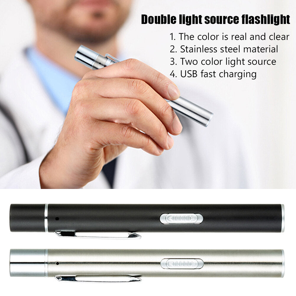 USB Rechargeable Medical Pen Torch Penlight w/ Dual Inspection Light EMT Nurse First Aid Flashlight