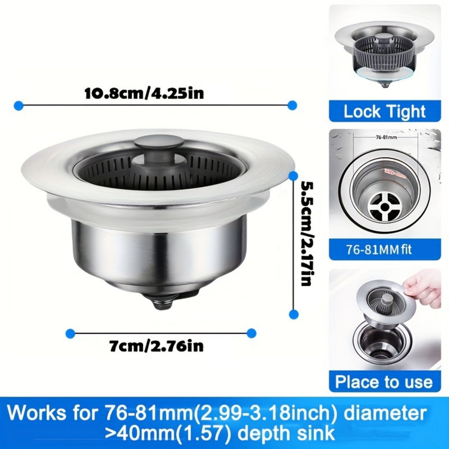 3in1 Stainless Steel Kitchen Sink Drainage Filter Deodorant Insect-Proof Quick Drainage Garbage Plug Popup Sink Strainer