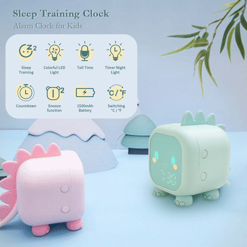 Cute Funny Dinosaur Digital Alarm Clock For Kid Bedside LED Sleep Trainer Temp Display Voice Control